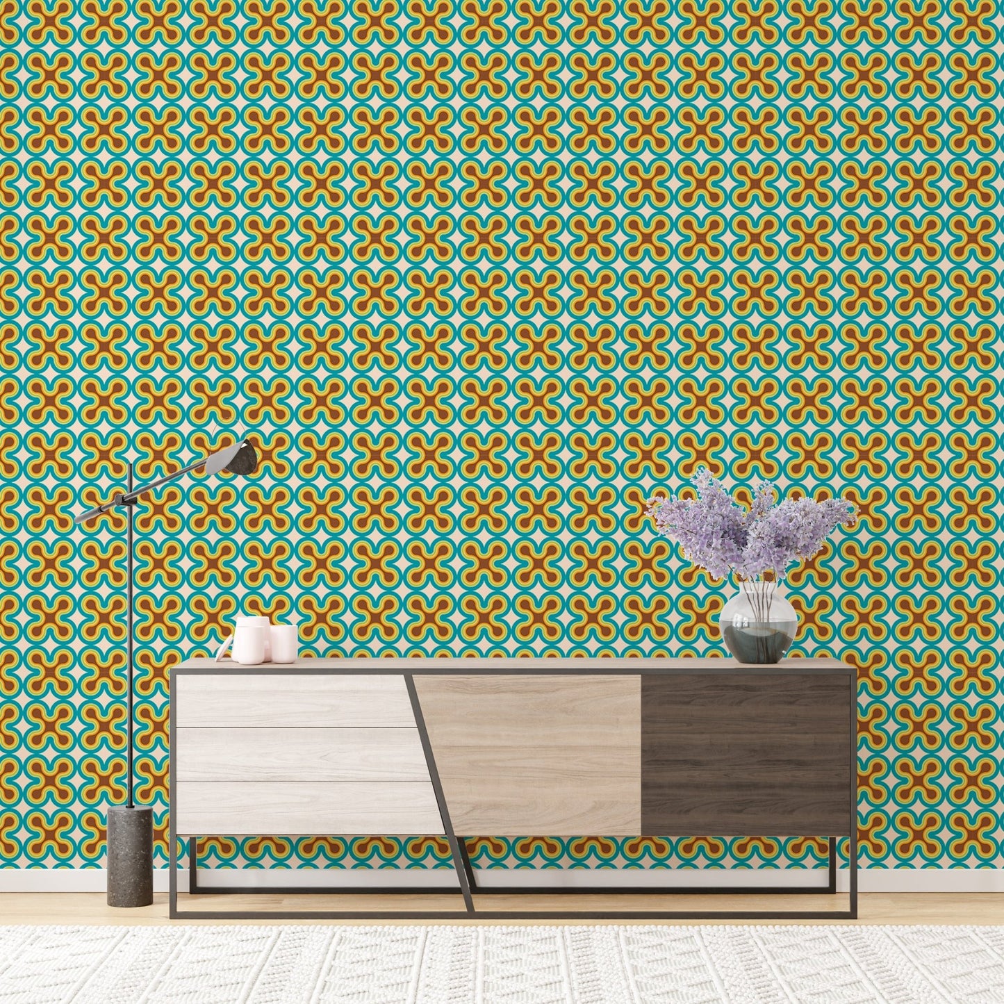 Modern art pattern wall mural behind a contemporary sideboard and vase.