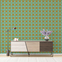Modern art pattern wall mural behind a contemporary sideboard and vase.