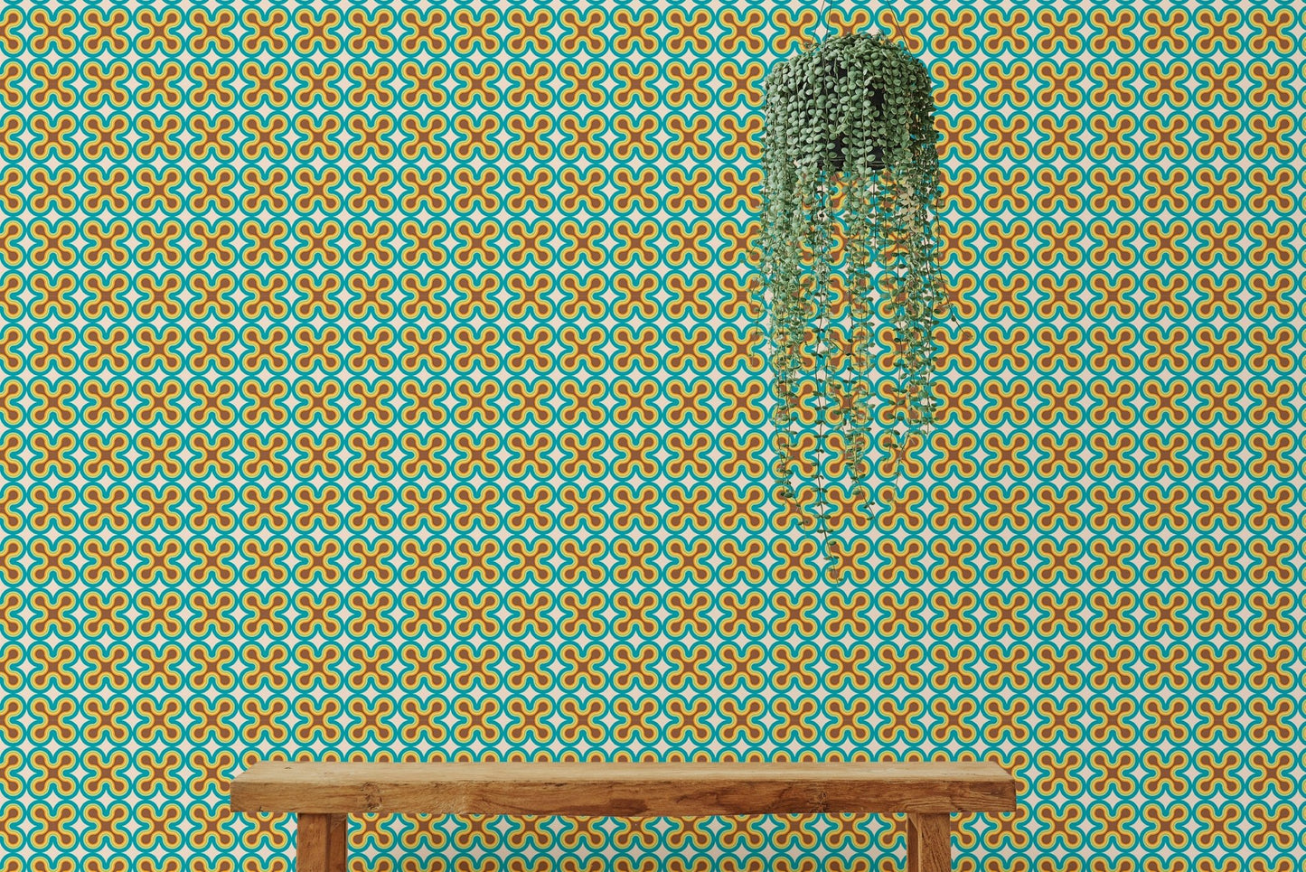 Colorful Upholstery Modern Art Pattern Old Wall mural behind a wooden bench.