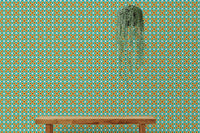 Colorful Upholstery Modern Art Pattern Old Wall mural behind a wooden bench.