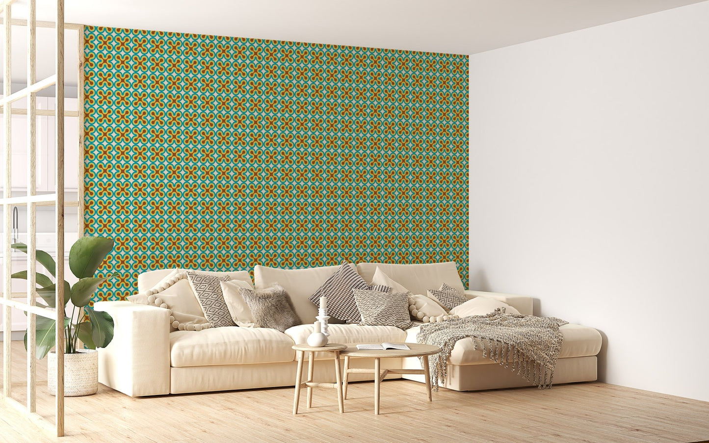 Modern art pattern wall mural behind a white sofa in a bright living area.