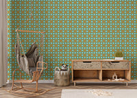 Geometric art pattern wall mural in a lounge with a hanging chair.