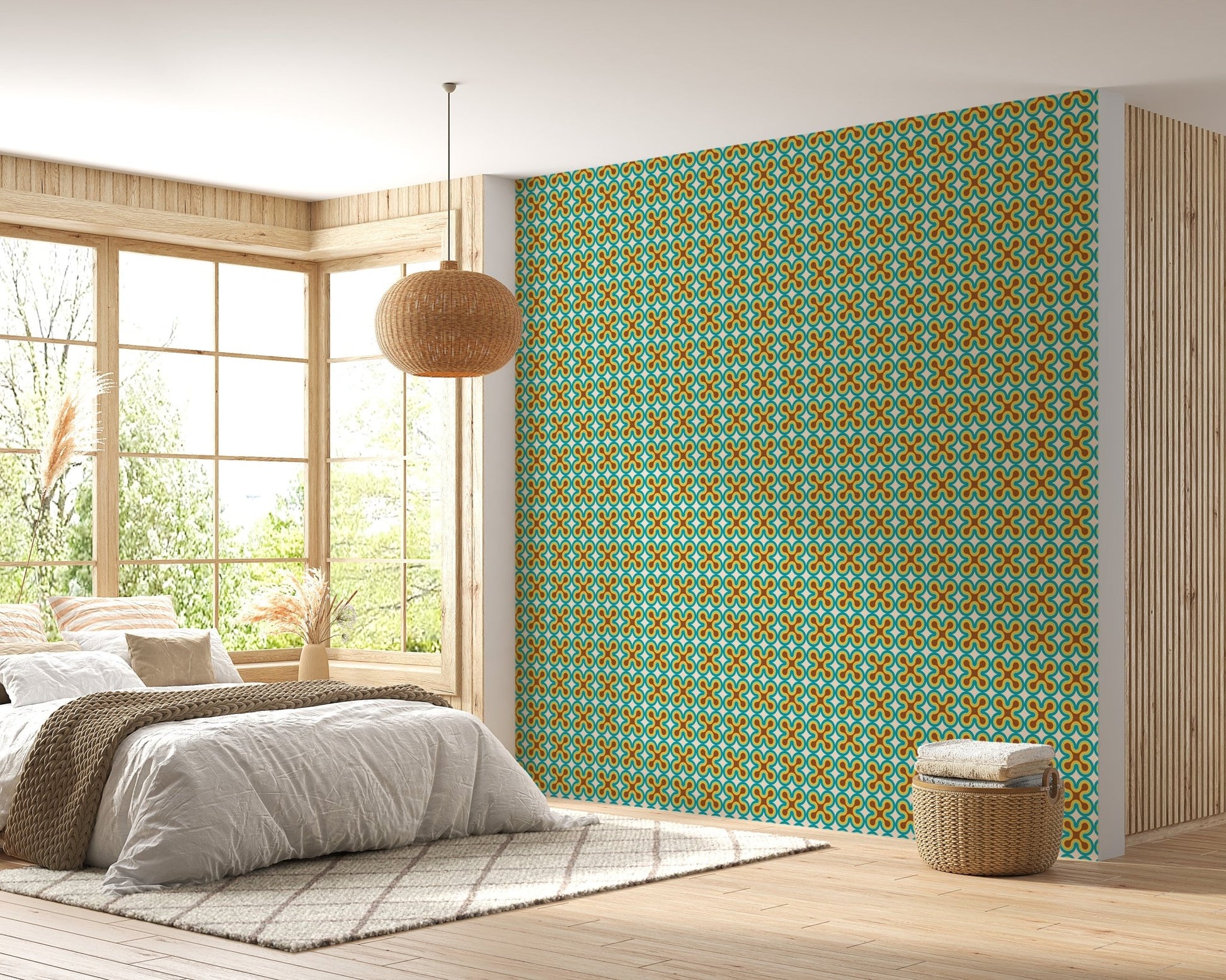 Colorful Upholstery Modern Art Pattern Old Wall mural in a spacious bedroom.