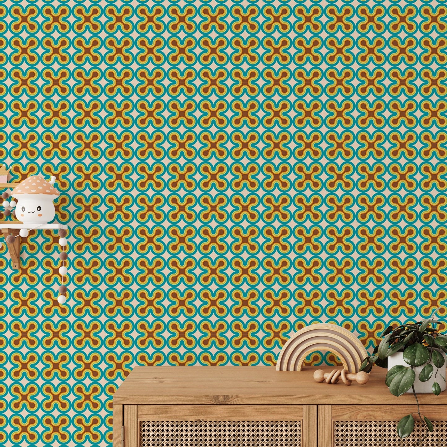 Old style pattern mural used as a feature wall behind a wooden cabinet.