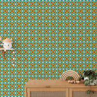 Old style pattern mural used as a feature wall behind a wooden cabinet.