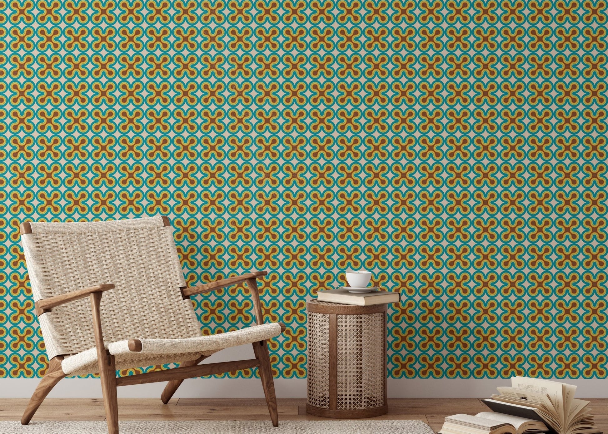 Teal and orange pattern wall mural in a sitting room with a side table.