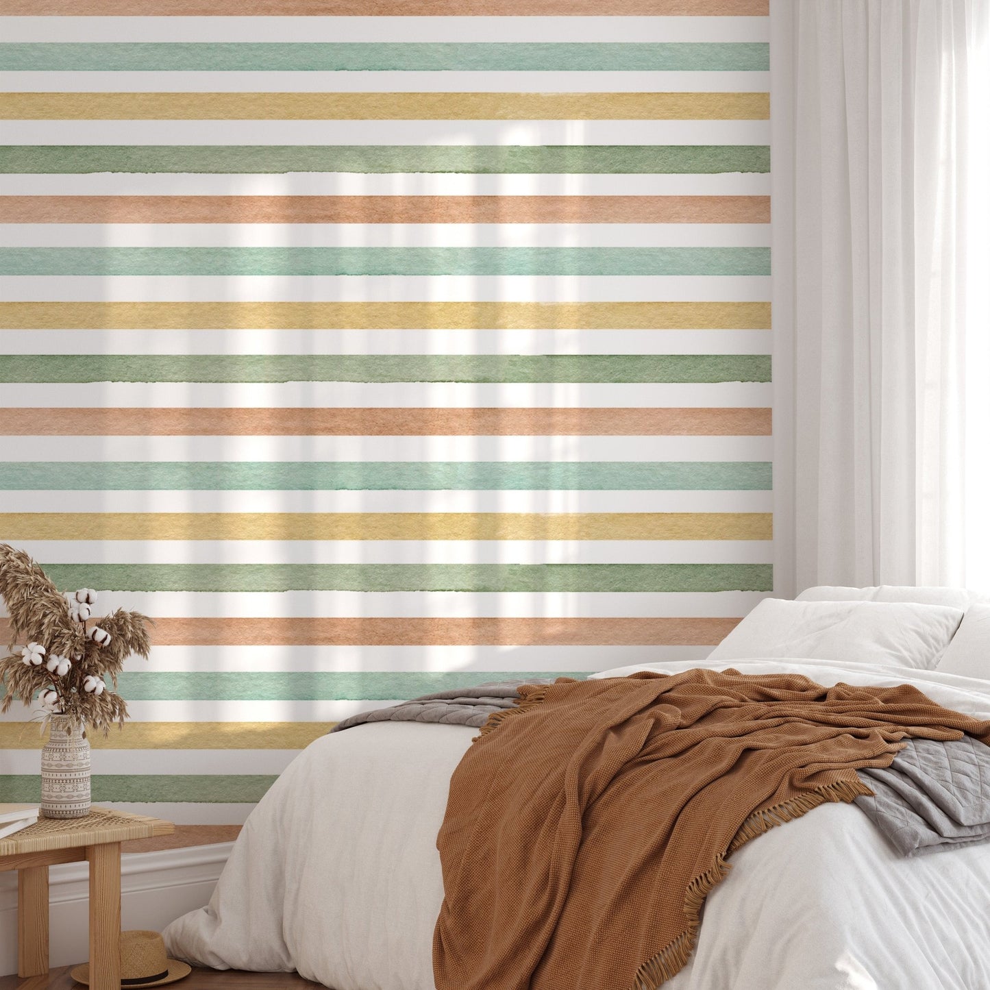 Colorful Watercolor Abstract Striped Wallpaper For Walls in bedroom with white bedding