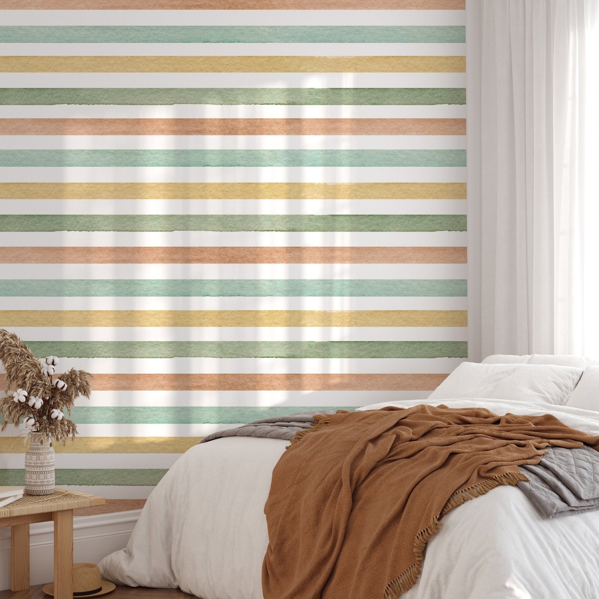 Colorful Watercolor Abstract Striped Wallpaper For Walls in bedroom with white bedding