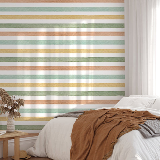 Colorful Watercolor Abstract Striped Wallpaper For Walls in bedroom with white bedding