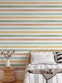 Colorful Watercolor Abstract Striped Wallpaper For Walls in kid's room with single bed