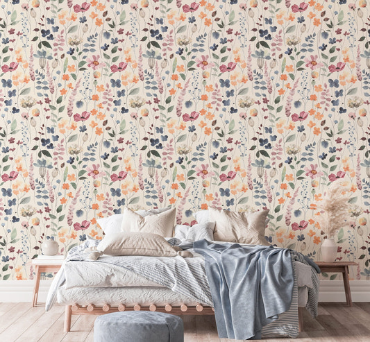 Colorful Watercolor Floral Vintage Rustic Style Wallpaper in a bright bedroom.