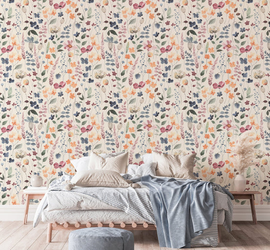 Colorful Watercolor Floral Vintage Rustic Style Wallpaper in a bright bedroom.