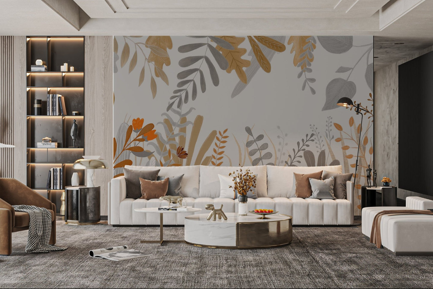 Grass and leaves watercolor wall mural in modern living room.