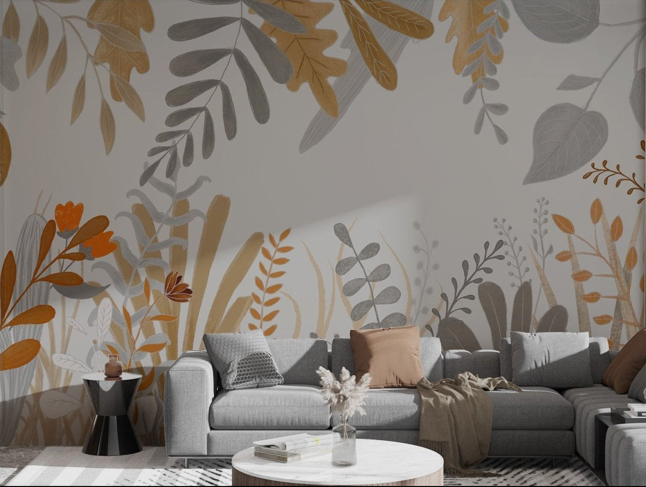 Living room wall mural with abstract watercolor meadow grass.