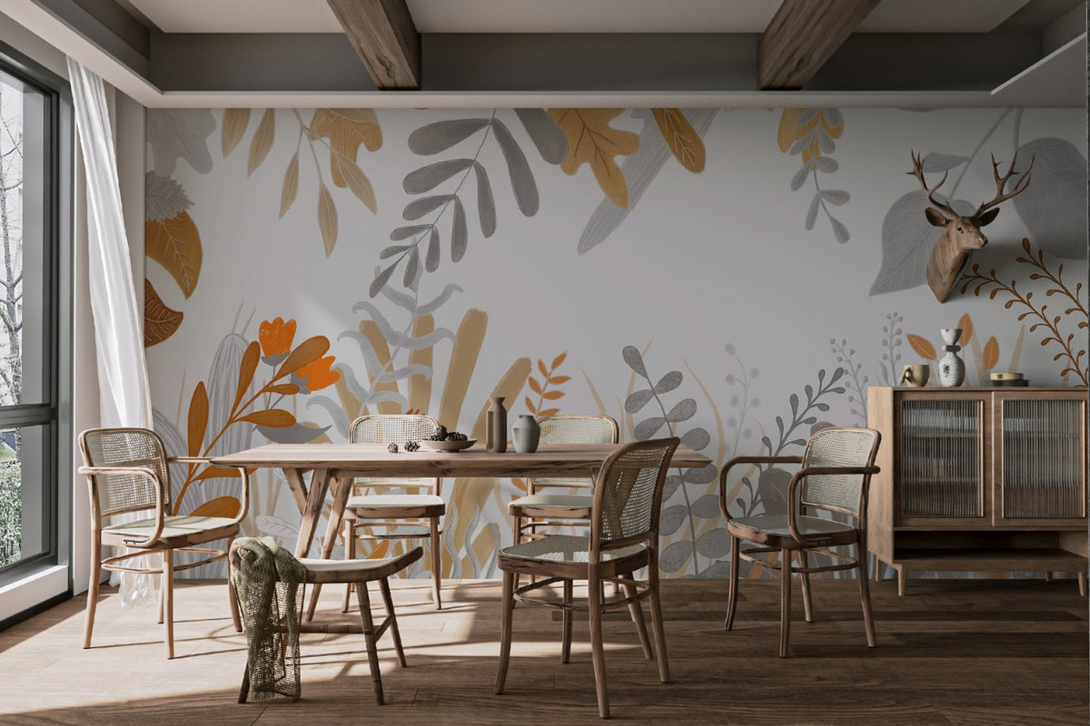 Grey leaf and orange meadow wall mural in a bright dining space.