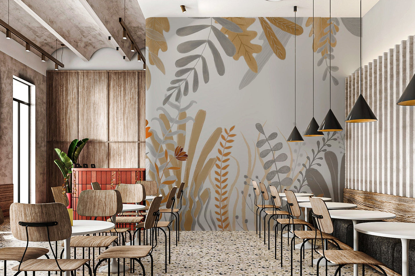 Modern restaurant interior with orange and grey meadow botanical mural.