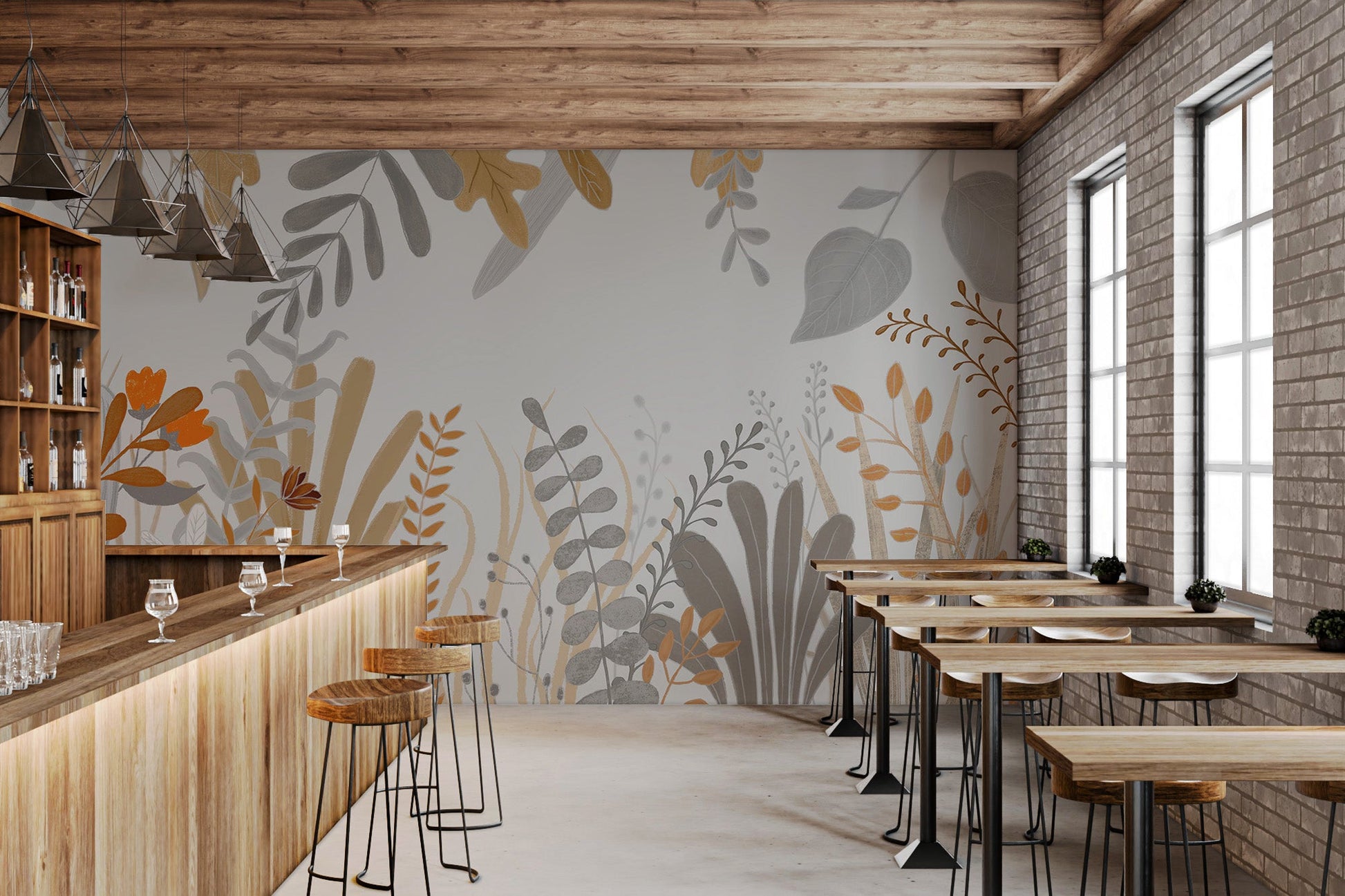 Colorful Watercolor Illustration Meadow Grass Wall mural in a cafe.