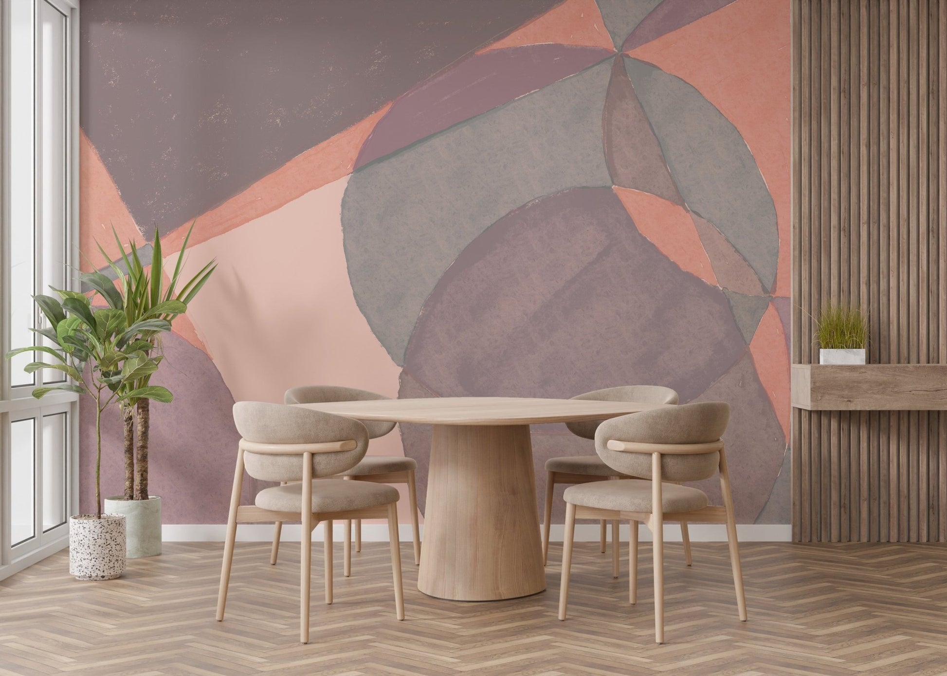 Abstract watercolor wallpaper mural with fluid geometric design.