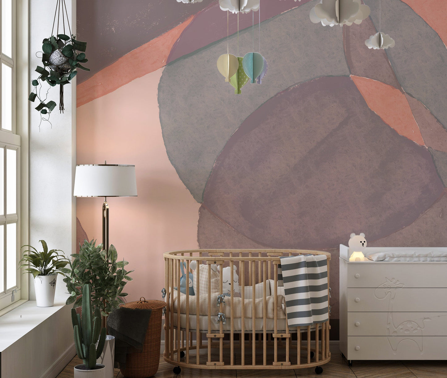 Artistic geometric wallpaper mural with layered pastel forms.