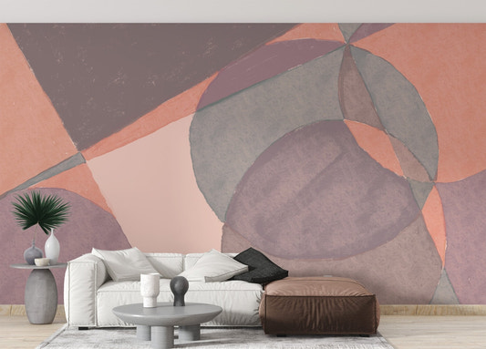 Colorful watercolor wallpaper mural with abstract peach and plum shapes.