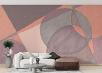Colorful watercolor wallpaper mural with abstract peach and plum shapes.