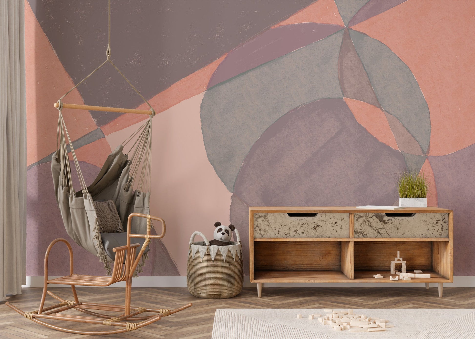 Contemporary watercolor wallpaper mural in muted terracotta shades.