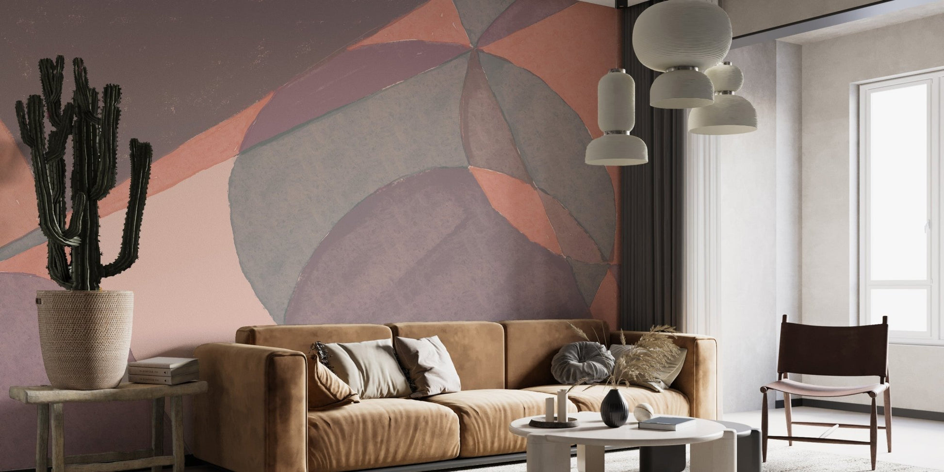 Textured abstract wall mural with overlapping organic shapes.