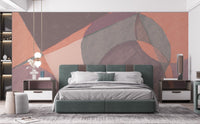 Modern watercolor wall mural in coral, mauve, and sage color tones.