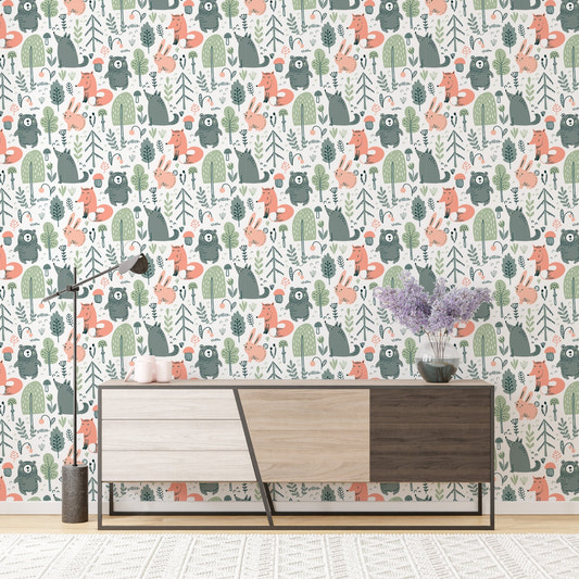 Vibrant wallpaper featuring colorful wild forest animals in home.