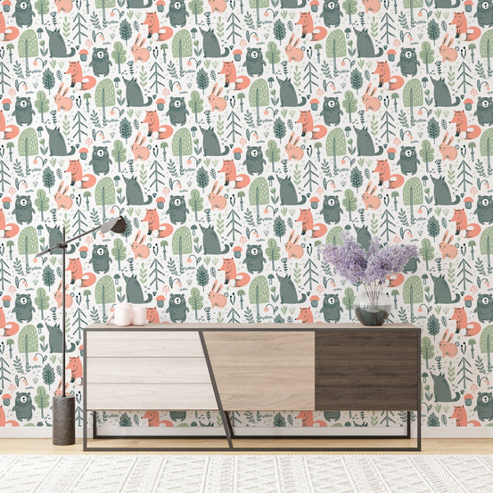 Vibrant wallpaper featuring colorful wild forest animals in home.