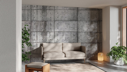 Minimalist cement block wall mural for a modern interior look.
