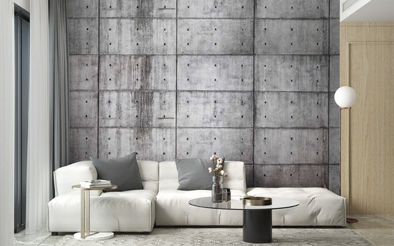 Matte finish industrial concrete wall mural in soft grey hues.