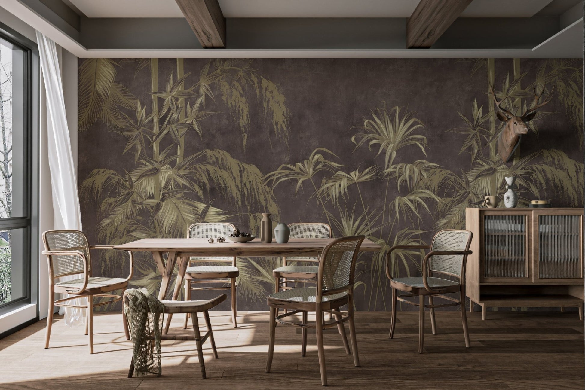 Moody botanical wildflower wall mural for serene dining spaces