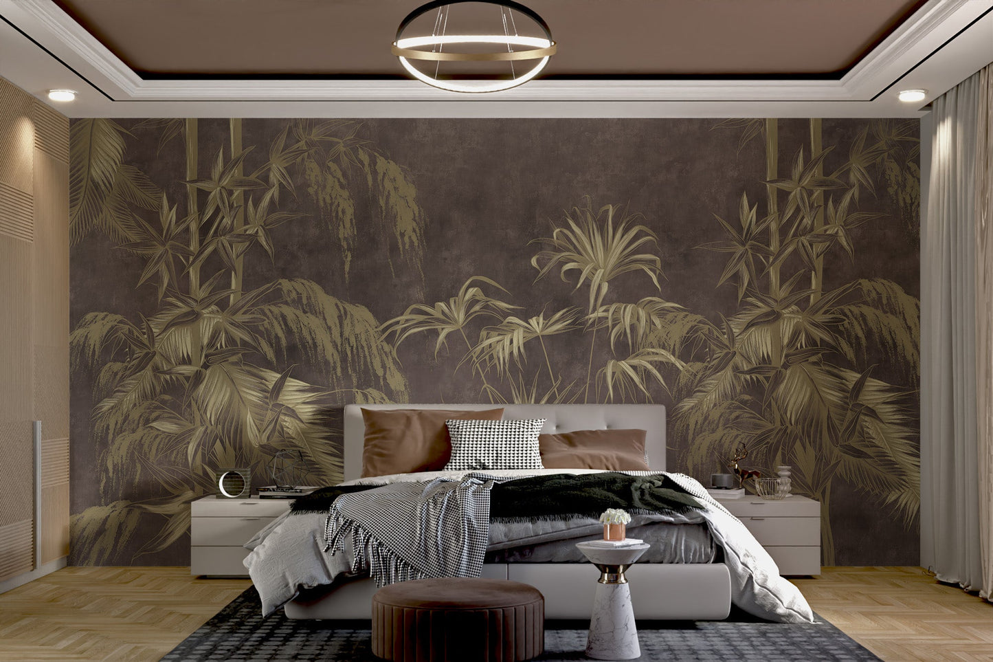 Textured dark grunge mural featuring golden botanical leaves for bedrooms.