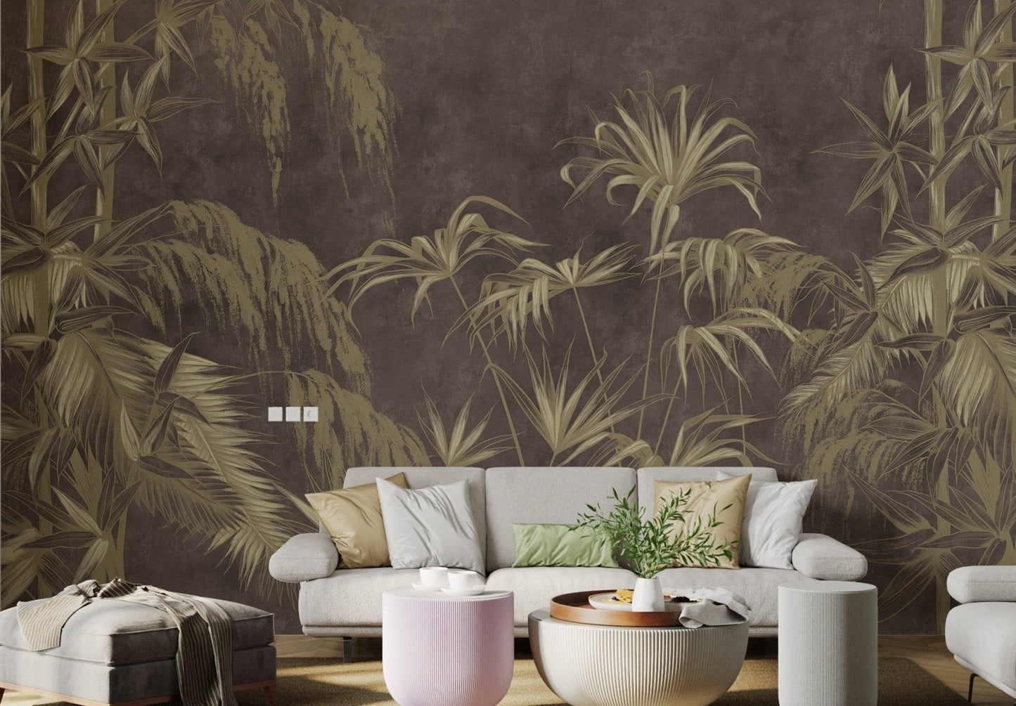Vintage wildflower wall mural with textured background for living room.