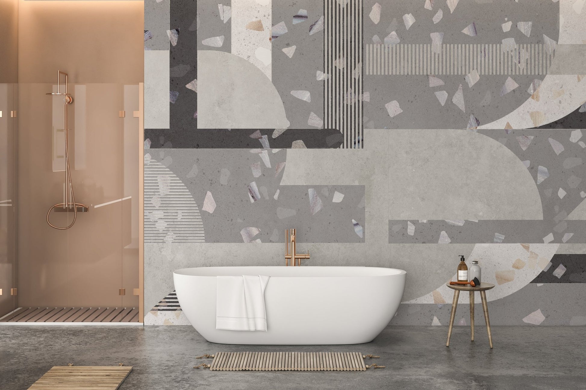 Abstract grey concrete wall mural in a minimalist bathroom with a glass shower.