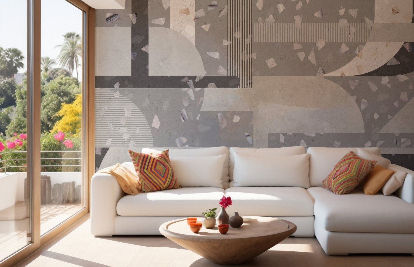 White sofa in a bright living room with concrete texture wall mural.