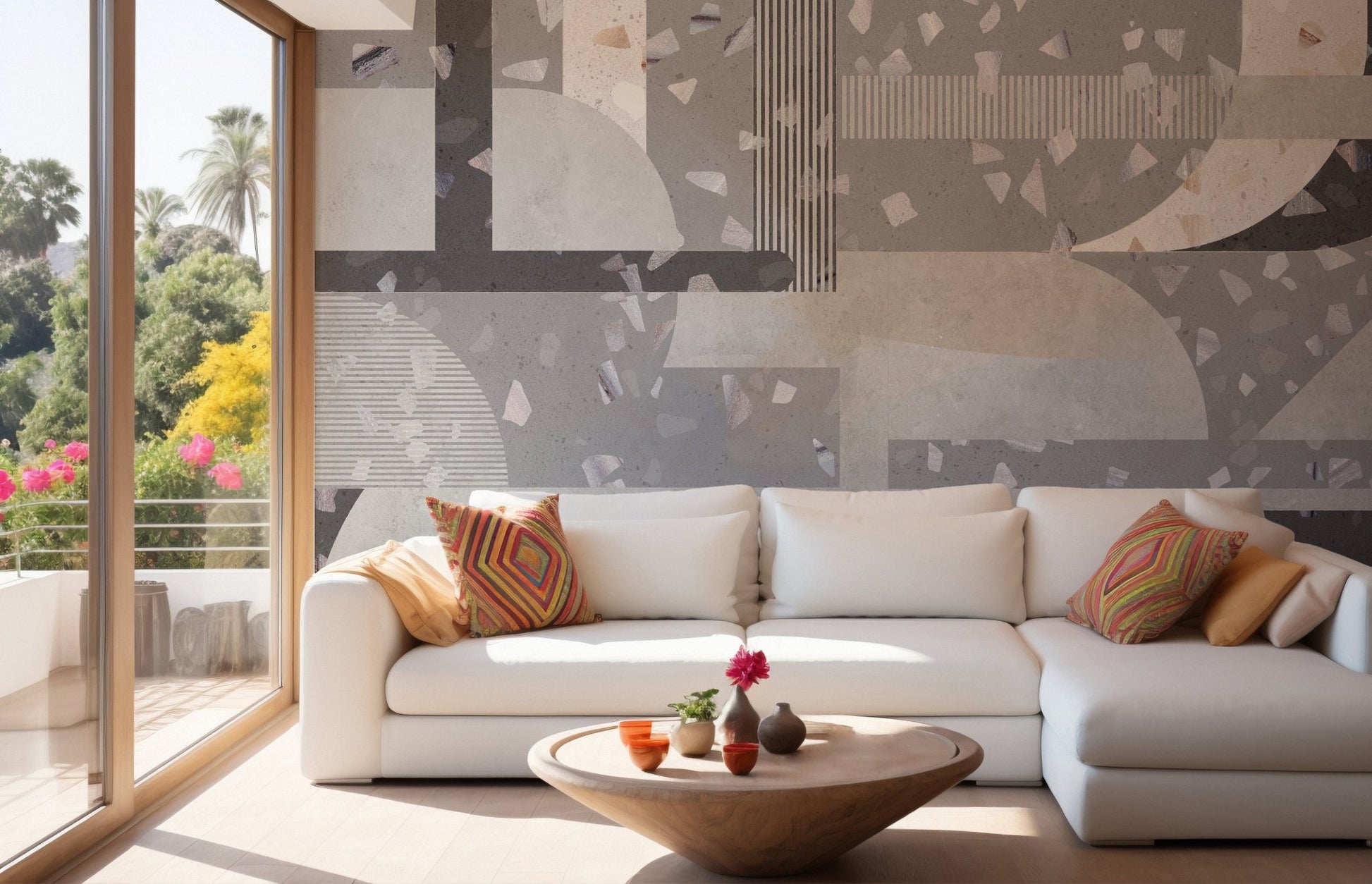 White sofa in a bright living room with concrete texture wall mural.
