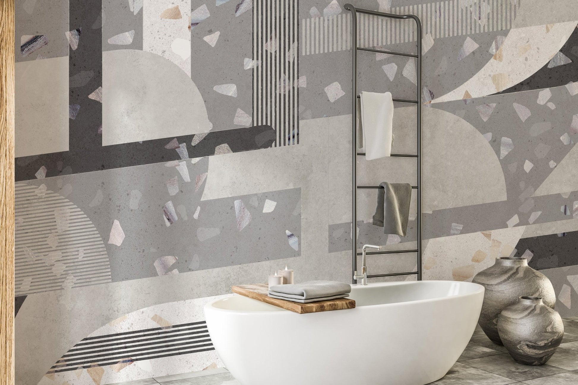 Concrete Texture Terrazzo Tile Murals in a modern bathroom setting.