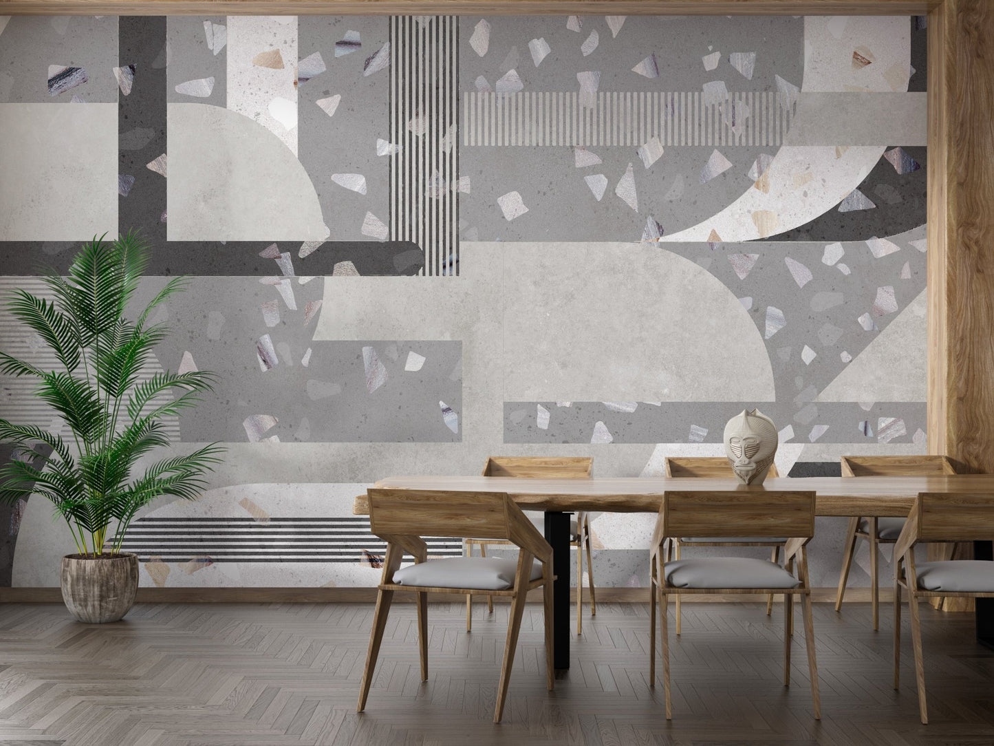 Dining room wall mural featuring abstract grey concrete patterns.