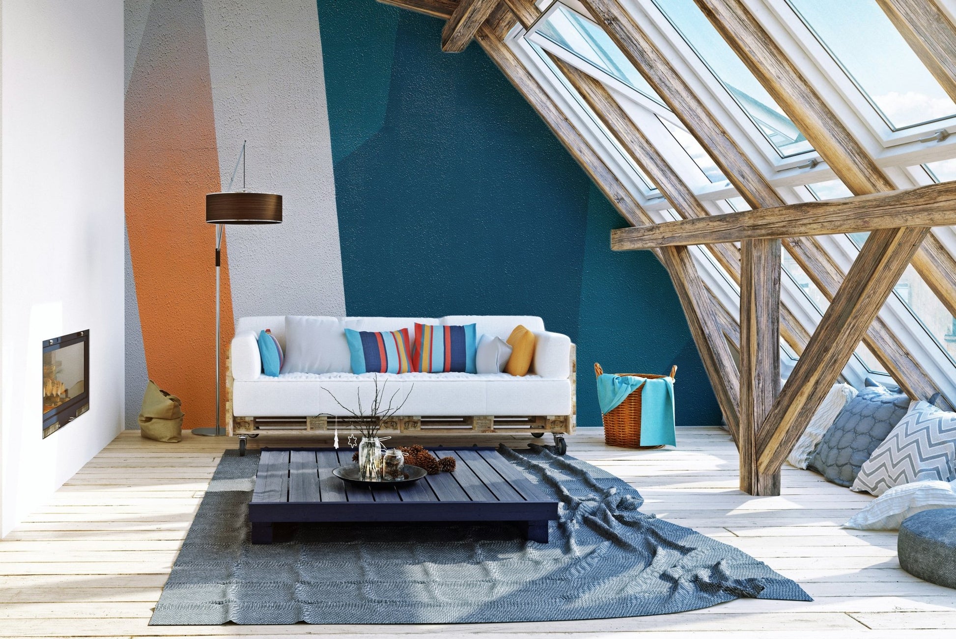 Artistic concrete mural with textured designs for modern attic living spaces.
