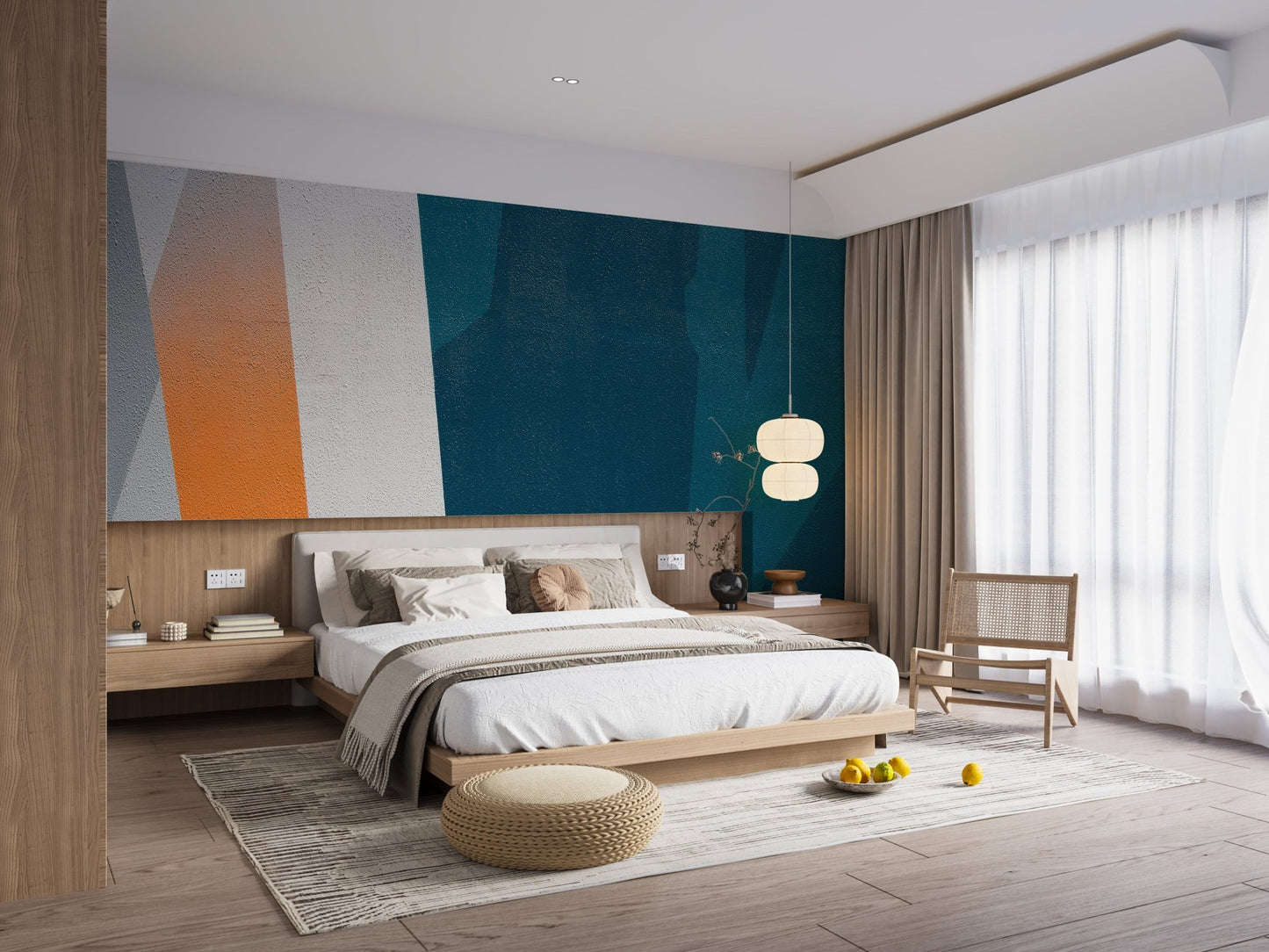 Textured concrete mural adding depth and elegance to bedroom interiors.
