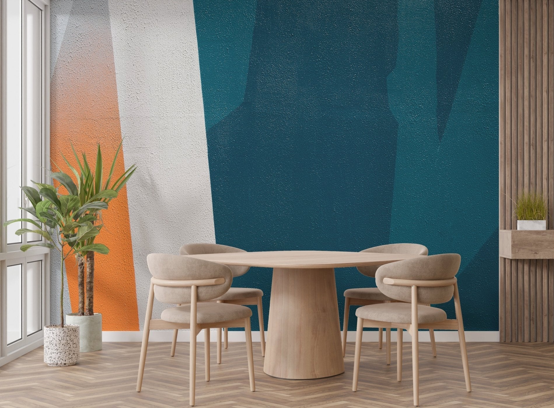 Modern concrete texture mural for industrial-inspired dining room decor.
