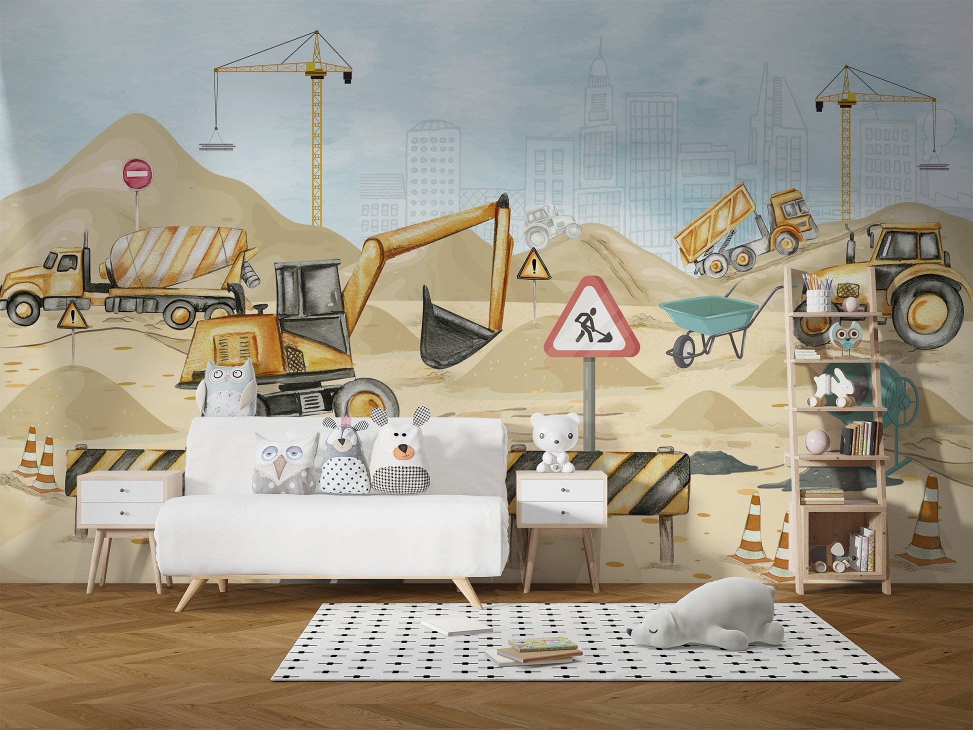 Modern construction site wall mural wallpaper in beige and yellow tones.