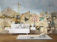 Modern construction site wall mural wallpaper in beige and yellow tones.
