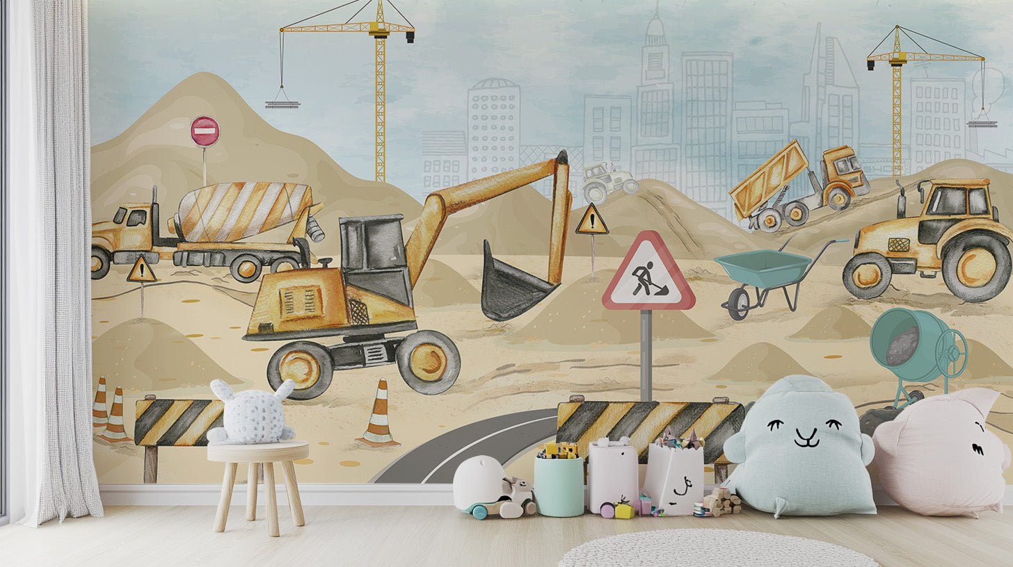 Construction equipment wall mural wallpaper in warm sand color palette.