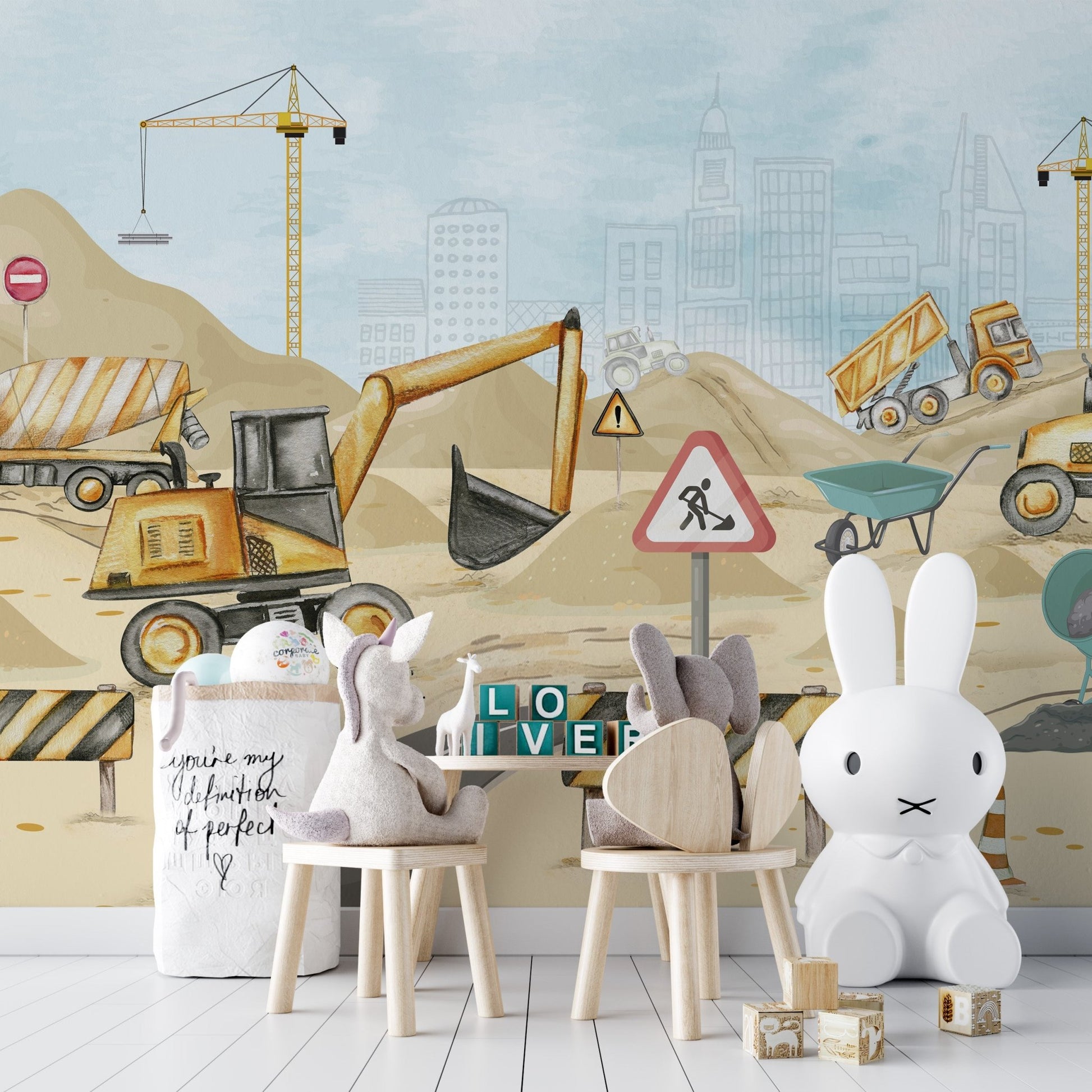 Construction yard wall mural wallpaper featuring dump truck and cement mixer.