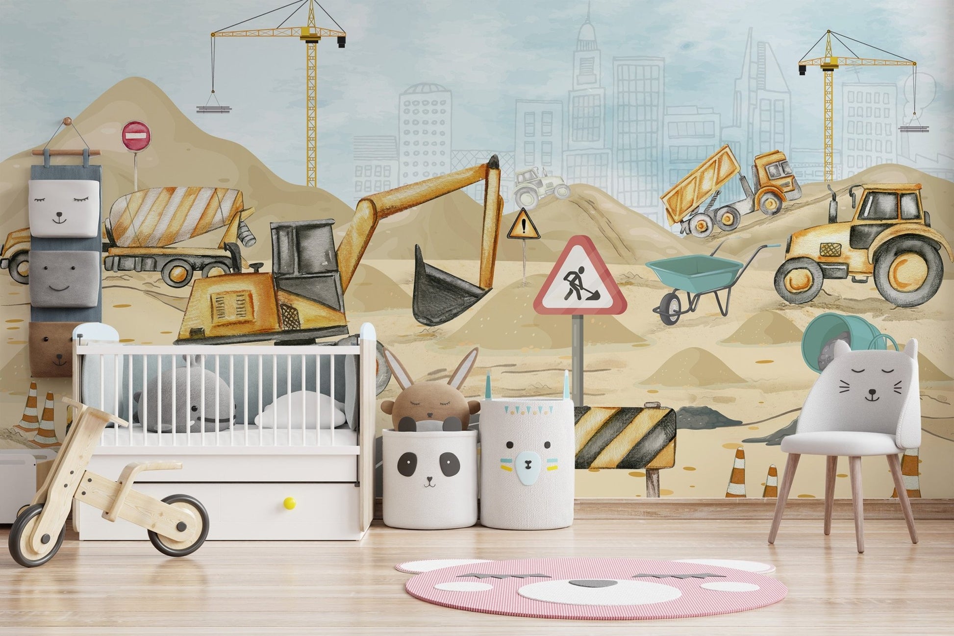 Construction vehicle wallpaper wall mural with roadwork signs.