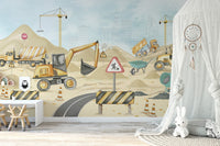 Construction yard wall mural wallpaper with cranes and excavator illustration.