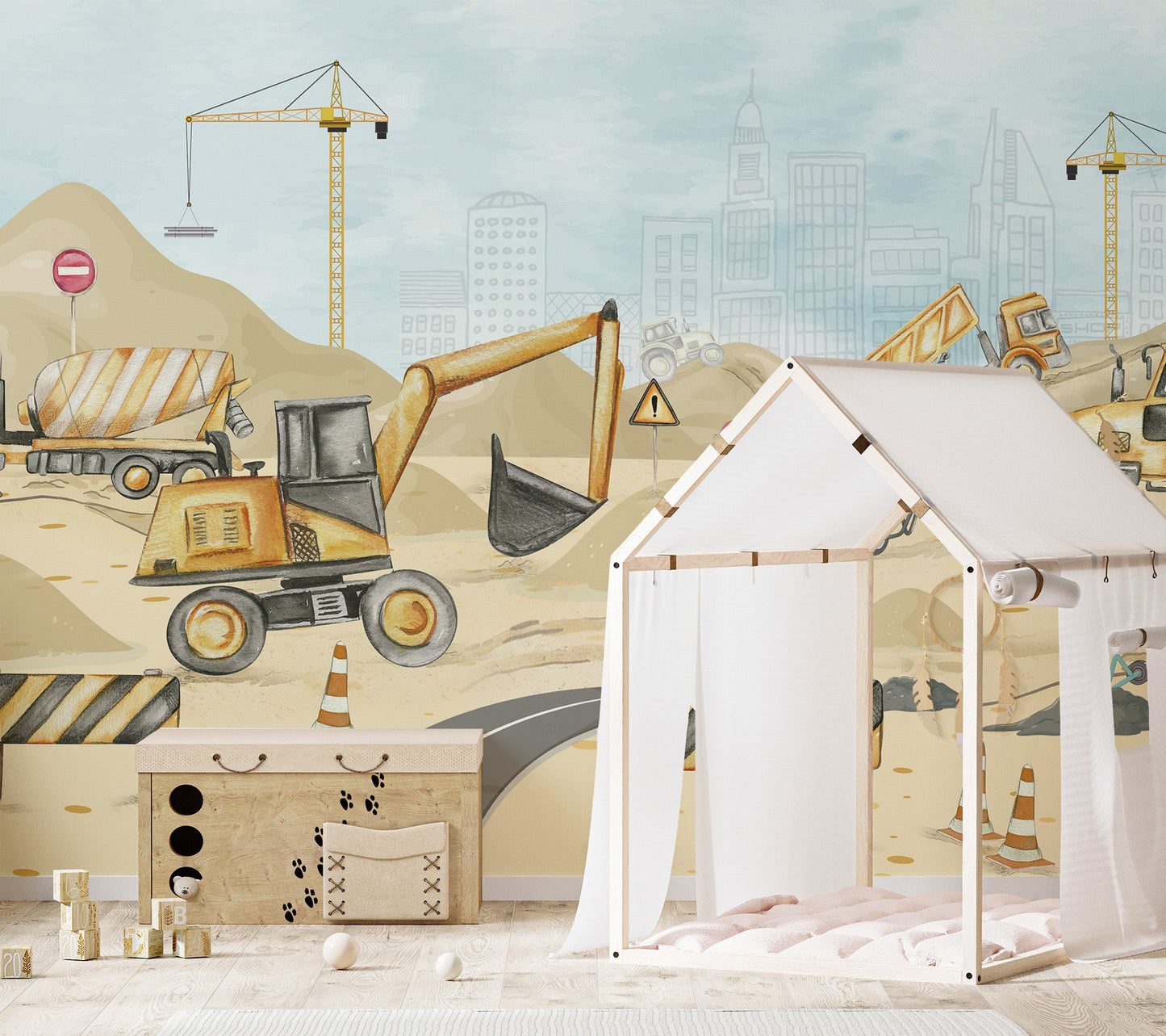 Excavator and crane wall mural wallpaper for nursery wall decor.